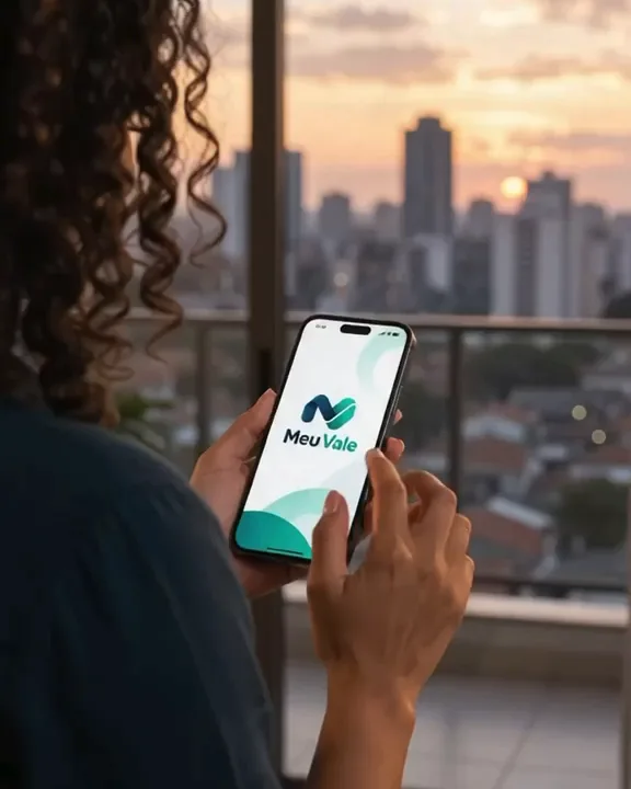 Mulher abrindo o Meu Vale no celular